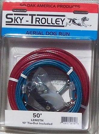50' Dog Trolley Cable with 15 Ft Medium Dog Tie Out Leash Made in USA