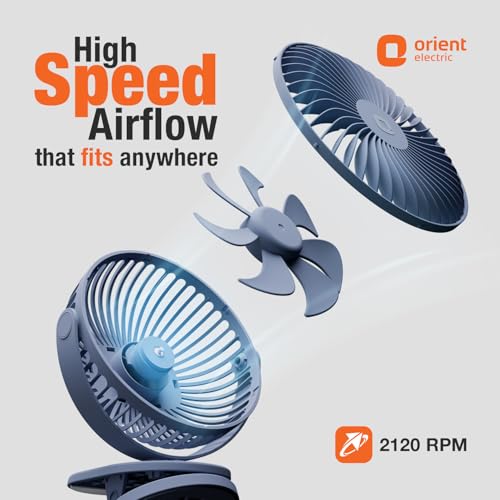 Image of Orient Electric Orbis Rechargeable Personal Fan | 360 Rotation | 1800 mAh Battery | 4 Speed Modes with Timer | Quiet Operation | USB Type-C Charging | Clip-On Mini Fan | Dusk Blue