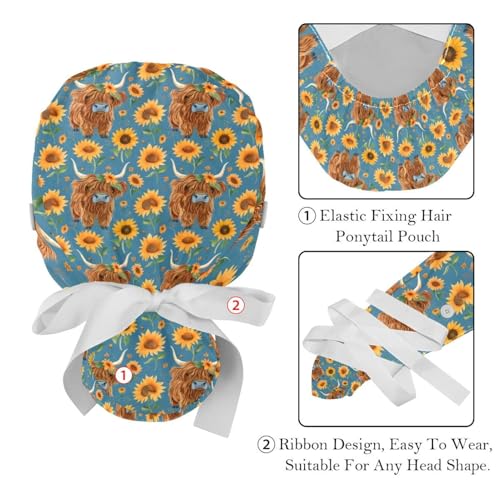 Image of 2 PCS Bouffant Cap with Button Ponytail Pouch Working Cap Sweatband Adjustable Surgical Cap Black and White Cow