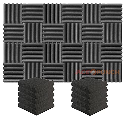 Acepunch 24 Panneaux Insonorisants Wedge Coin Noir Correction Acoustique Absorption Reverb Traitement Acoustique Studio d'enregistrement Arcade 25x25x5cm Cover