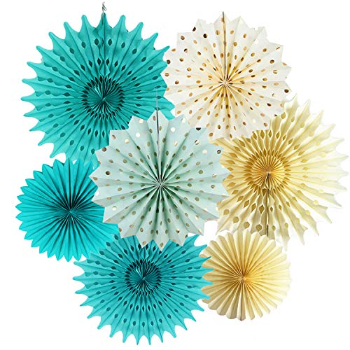 Teal Gold Birthday Party Decorations Women Cream Mint Gold Polka Dot Paper Fans for Teal Bridal Shower Decorations Teal Gold Wedding Teal Gold First Birthday Decorations