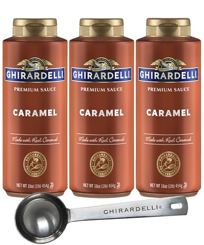 Ghirardelli Caramel Sauce Squeeze Bottle, 16 oz (Pack 3) with Barista Spoon