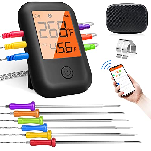Wireless Meat Thermometer, 300FT Bluetooth Meat Thermometer with 6 Probes, Smart Meat Thermometer Wireless BBQ Thermometer for Smoker Grill Oven, Support iOS & Android