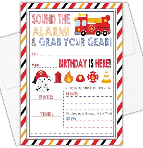 Firetruck Themed Birthday Party Invitation - Set of 15 with envelopes