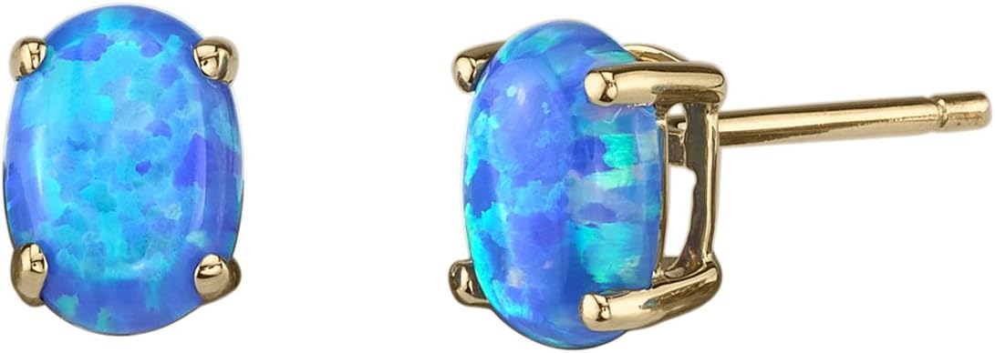 Peora 14K Yellow Gold Created Blue Fire Opal Earrings for Women, Classic Solitaire Studs, 7x5mm Oval Shape, 1 Carat total, Friction Back, October Birthstone Earrings, Dainty, Iridescent Earrings