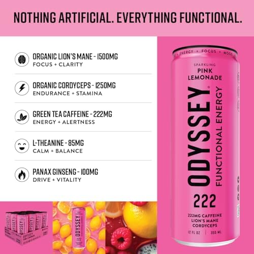 Image of Odyssey Functional Energy Drink, Pink Lemonade, 222mg Green Tea Caffeine, Clean Energy & Focus, Low Calorie, No Added Sugar, No Crash, Lion's Mane & Cordyceps, 12 Pack 12 Fl Oz