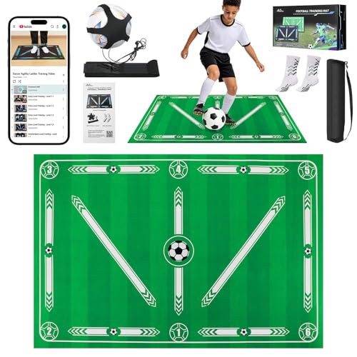 MoKo 35 24 Soccer Training Mat with Video Soccer Training Equipment Improve Strength Agility and Coordination Non-Slip Socks Storage Bag Portable Silent Footwork Mat Gift for Players Green