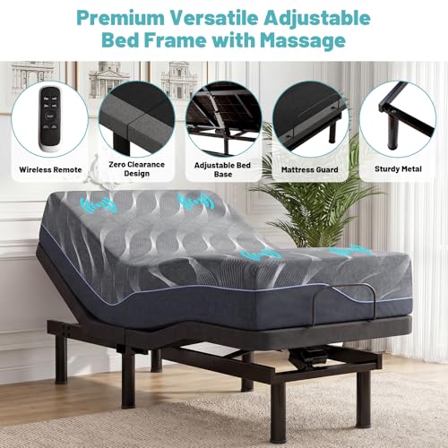 Image of Vipbear Premium TXL Adjustable Bed Frame with 12 inch Mattress, Ergonomic Smart Massage Adjustable Bed Bases with Zero Gravity, Wireless Remote & Head-Foot Incline & USB Charging, Black