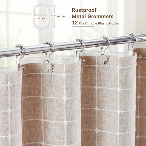 Image of BTTN 3 in 1 Shower Curtain with PEVA Liner, Tan Boho Linen Fabric Shower Curtain Set with Plastic Hook, Farmhouse Bohemian Country Cute Waterproof Cloth Shower Curtain for Bathroom, Taupe, 72x72