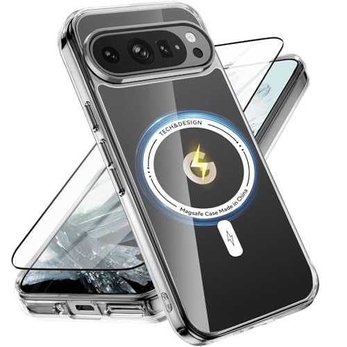Oterkin Magnetic for Google Pixel 9 Case, Pixel 9 Pro Case with Screen Protector [Compatible with MagSafe][Colorful Frame][Hard Clear Back] Shockproof Phone Case for Pixel 9/9 Pro 6.3” (Clear)