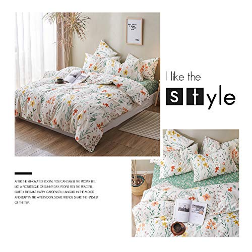 Vm Vougemarket Garden Flower Duvet Cover Queen With Red Yellow Flower Printed,100% Cotton Green Branch Leaves Girls Bedding Set,Bright Elegant Colorful Comforter Quilt Cover With Zipper Closure #TOP3