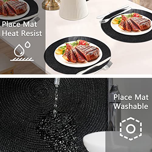 famibay Placemats and Coasters Set of 4 Round Woven Placemats Washable Heat Resistant Place Mats Round Table Mats and Coasters Black for Kitchen Dining Table - Image 6