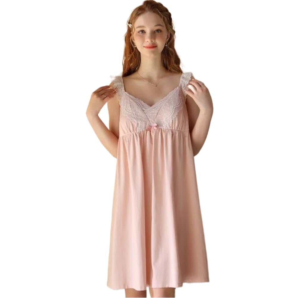 SWEPER Camicia da Notte Donna - Scollo A V in Pizzo con Imbottiture per Reggiseno Indumenti da Notte in Cotone per Donna Elegante Abito Estivo da Principessa Allentato