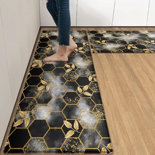 Arttown Marble Anti-Fatigue Kitchen Rug Set of 2 Black Gold Honeycomb Vintage Geometric Cushioned Floor Standing Mat Waterproof Non-Slip Kitchen Mat and PVC Ergonomic Comfort Foam Rug