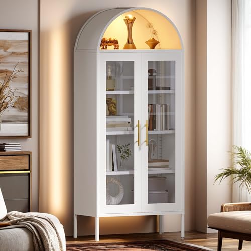 DWVO Arched Display Cabinet with Glass Doors, 71" Tall Storage Organizer Cabinet with Adjustable Shelves, Curio Cabinet with LED Lights, 5 Tier Bookcase for Collectibles Living Room Office, White