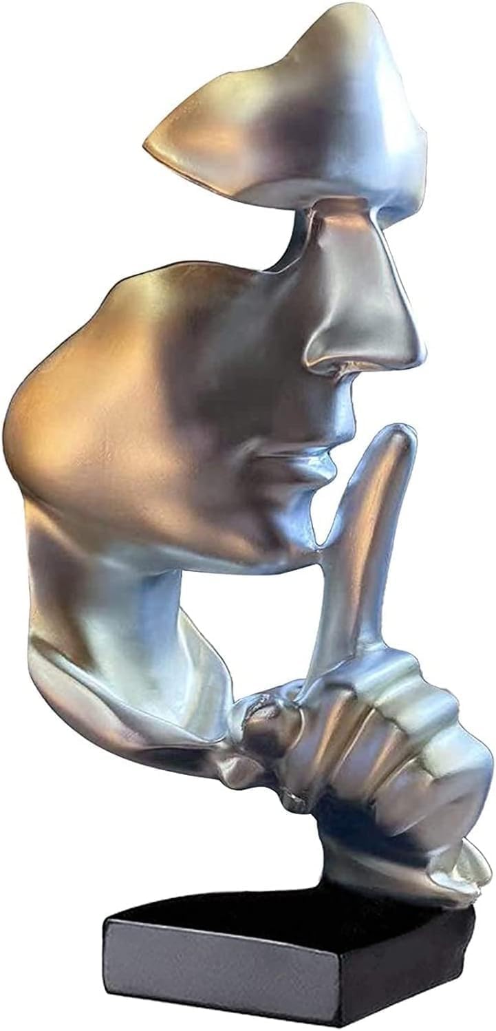 Huhote Men's Silver Thinker Statue, Silence Is Gold Abstract Art Sculpture, Ponder Statue, Creative Resin Figurine, Modern Home Ornat, Decoration For Home Room Study Office Table Shelf (Silver)