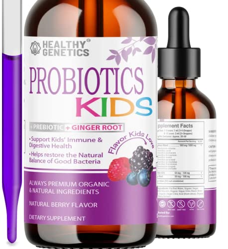 Healthy Genetics Liquid Probiotics for Kids & Toddlers | + Prebiotic + Ginger Root | Acidophilus Probiotic | Dairy Free | Vegan | Non-GMO | Gluten Free | 30-60 Servings
