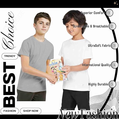 Image of Kids Round Neck T-Shirt Half Sleeves 100% Cotton Rich Soft Comfortable Fit Stylish Plain Color White+1 Combo Original Brand Tshirt for Boys