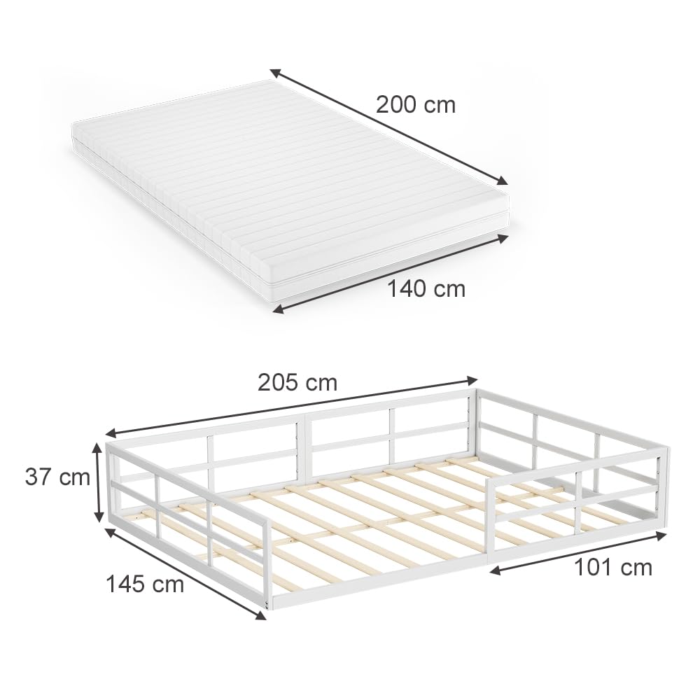 VitaliSpa Letto a pavimento Minno 140x200 cm, letto bambini Montessori in metallo con protezione anticaduta e materasso, bianco
