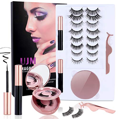 UJM Magnetic Eyelashes with Eyeliner, 10 Pairs Reusable Magnetic Lashes, Magnetic Eyeliner and Lash kit with Mirror Tweezers for Daily Wedding Party