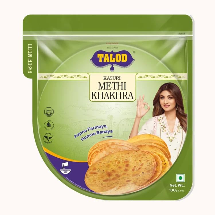 Talod Kasuri Methi Khakhra (Pack of 4 * 180 g) | 100% Vegetarian, Wheat Gluten Free, Vegan Friendly, No Preservative, No Artificial Flavours, No Artificial Colors, No MSG