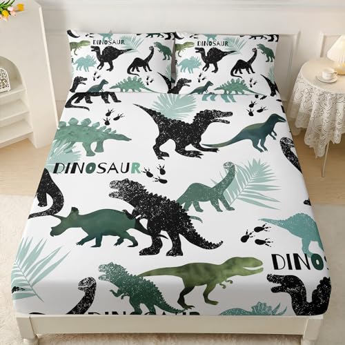 AILONEN Dinosaur Twin XL Kids Fitted Sheet Set, Black and Green Dinosaur Bed Sheet Set, Soft Fitted Sheet with 2 Pillowcases for Boys