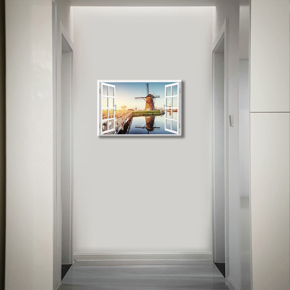 TISHIRON Dutch Windmills View 3D Window Effect Canvas Art Seaside Landscape Wall Art Canvas Prints Decor Posters for Living Room Bedroom Posters Prints Framed Ready to Hang - Image 3