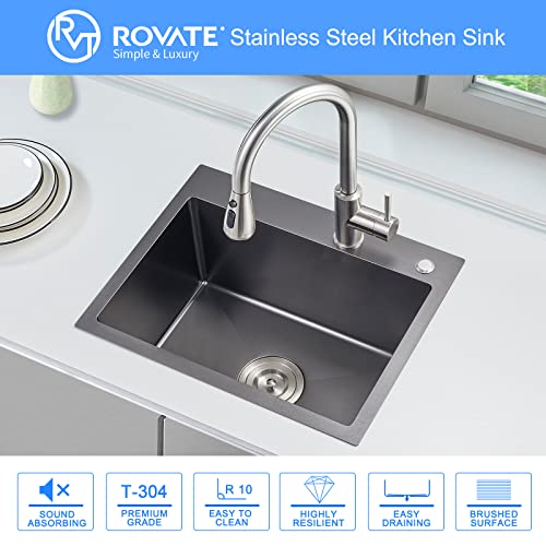 Rovate 22 X 18 Inch Topmount Kitchen Sink Single Bowl, Handmade Durable Dark Grey Black Nano Titanium Plating Sus304 Stainless Steel Drop-In Kitchen Sink #TOP2