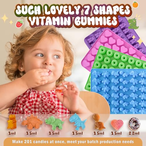 Image of Gummy Bear Molds Silicone Mini Size, Non-stick Chocolate Candy Gummy Mould for Kid with 2 Droppers Including Dinosaur, Bear, Hearts and Donut Shape 201 Cavities