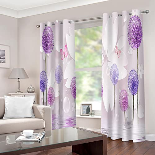 CILODO Curtains for Living Room Purple & Dandelion W168cm (66") x D138cm (54") x 2 Look Privacy Protected Curtain Pair Solid Light Filtering Airy Window Drapes for Boys Playroom Pencil Pleat Set of 2
