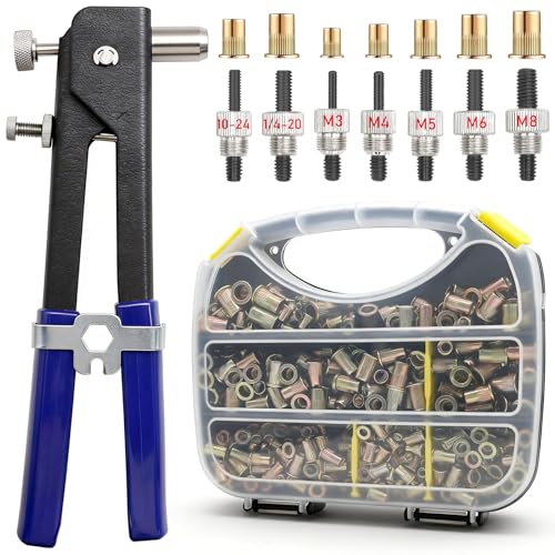 Eoppen 455Pcs Rivet Nut Tool Kit, Rivnut Tool Kit with 7 SAE and Metric Mandrels (10-24, 1/4-20, M3, M4, M5, M6, M8) and Rivet nut Assortment Kit with Rugged Carrying Case (Carbon Steel)