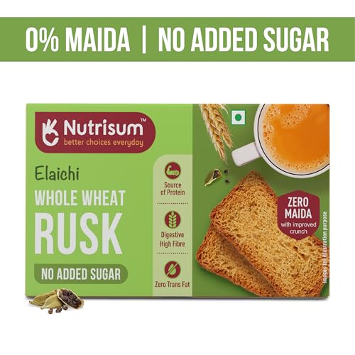 Image of Nutrisum Whole Wheat Rusk | No Maida, No Added Sugar | High Fiber Atta Toast | Crispy Elaichi(Cardamom) Tea Toast | Healthy Rusk for Breakfast & Chai Snack | 90g (Pack of 1)