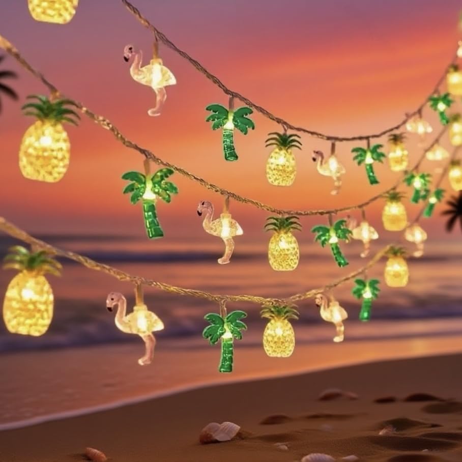 DOMORA HOME 20 LED Tropical String Lights Waterproof Flamingo Pineapple Palm Tree Lights with...