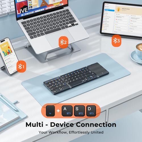Image of MEETION Foldable Keyboard with Touchpad, Bluetooth Wireless Portable Keyboard, Rechargeable Ultra Slim Pocket Folding Keyboards, Full Size Keys, Travel for iOS Android Windows Laptop PC Tablet, Black