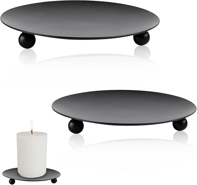 2Pcs Candle Holder, Candle Plates, Sturdy Candle Tray, Candle Holders for Pillar Candles, Pillar Candle Holder, Black Candle Holders for Christmas Halloween Wedding Party Pray Spa - 11cm