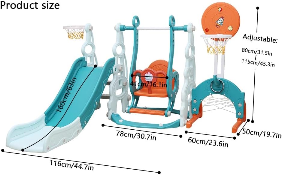 Miniatura 8 de Juego de tobogán y columpio 5 en 1 para niños pequeños, parque infantil interior con columpio de seguridad, aro de baloncesto y red de fútbol,