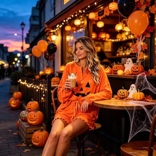 Image of Roshop Halloween Pajama Women's Pumpkin Matching Top & Shorts Loungewear Set