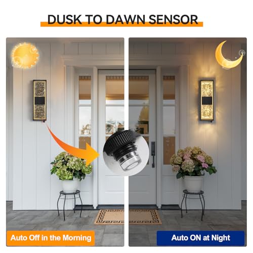 Image of 14.2 inch Dusk to Dawn Outdoor Wall Light, Black and Gold, 1-Pack | IP65 Waterproof, Crystal Modern Design, Exterior Wall Sconce, Ideal for Porch, Patio, Hallway, Backyard