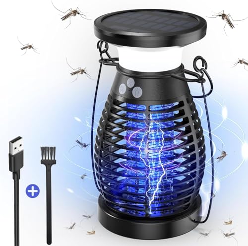 Solar Insektenvernichter Elektrisch Mückenfalle mit 4200V Hochspannungsgitter USB-C & Solar Aufladung 4000mAh Akku IP66 Wasserdicht Elektrische Fliegenklatsche für Haus Garten Camping