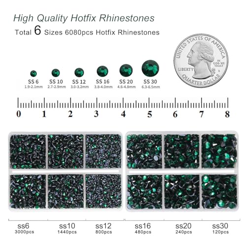 Image of BEADSLAND Hotfix Rhinestones, 6080PCS Green Rhinestones for Clothes Crafts Mixed 6 Sizes with Wax Pencil and Tweezers Kit, SS6-SS30, Emerald