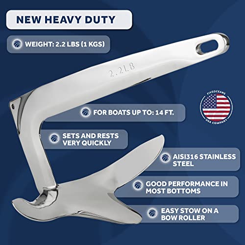image for Five Oceans FO4549 Bruce Style Claw Anchor, 2.2 Lb / 1Kg Solid High-Po