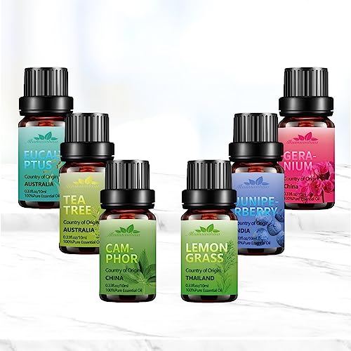 Essential Oil Blends Set Mumianhua Essential Oil Starter Kit For Skin, Hair, Candle Making, Soap Making(Eucalyptus Oil, Juniper Berry Oil, Camphor, Tea Tree, Lemongrass, Geranium Oil) 6X10Ml #TOP5