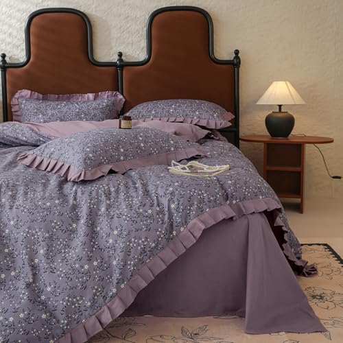 Image of VM VOUGEMARKET White Daisy Flower Duvet Cover Set Queen 100% Cotton Purple Ruffle Comforter Cover 3 Pcs Romantic Princess Bedding Duvet Cover with Zipper Ties 2 Pillow Shams