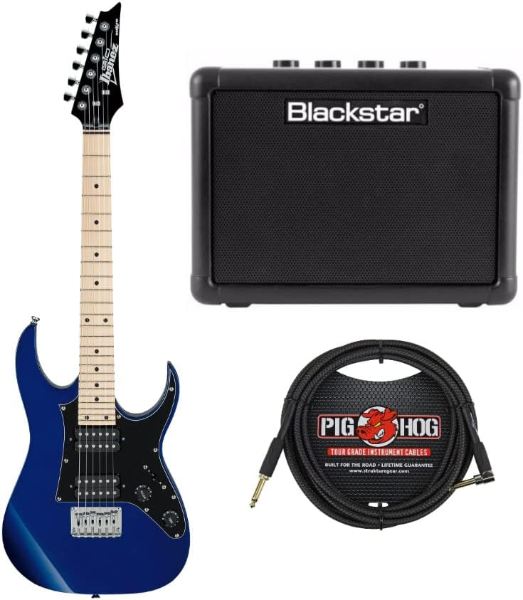 Ibanez GRGM21M MiKro 6-String Electric Guitar (Jewel Blue) Bundle with FLY3 Amplifier and 10-Feet Instrument Cable (3 Items)