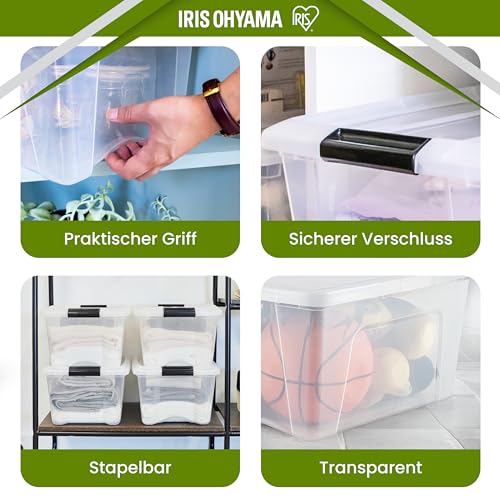 Iris Ohyama, Kunststoff-Aufbewahrungsbox mit Deckel, 45L, 3er-Set, Transparent, 98% recycelter Kunststoff, Verschlussclips, Griff, Stapelbar, Fürs Schlafzimmer, Ankleidezimmer, Büro, BPA-frei, BSB-45