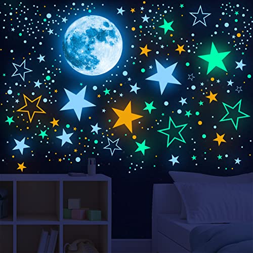 Glow in The Dark Stars,Glow in The Dark Stars and Moon for Ceiling Glow in The Dark Wall Decal Colorful Glowing Space Galaxy Wall Stickers for Kids Boys Girls Bedroom Living Room Nursery Decor