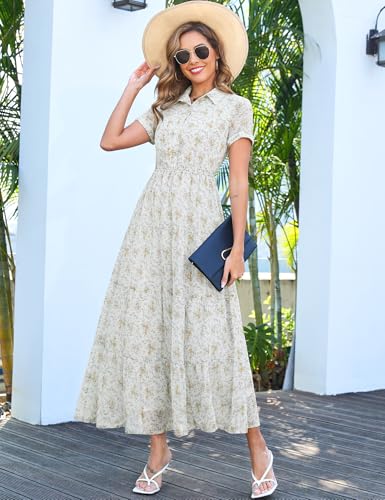 Image of Kranda Women 2026 Summer Collared V Neck Short Sleeve Button Down Chiffon Long Tiered Floral Maxi Dress with Pockets