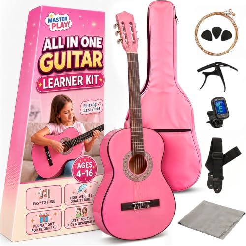 MasterPlay Kids Guitar, 30” Beginner Classical Wood Guitar For Learners, With starter kit, Bag, Strap, Tuner, Pick, Extra String, Cleaning cloth, Christmas, Birthday Gift for Girls Ages 5-12, Pink