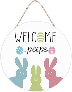 Easter Door Decorations Bunny Decor - Welcome Peeps Wall Sign Decorations - Wooden Door Hangers Wreath for Easter Decorations for The Home Party Supplies