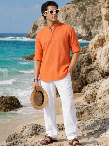 Image of Majestic Man Men's Pure Cotton Solid Mandarin Collar Slim Fit Roll-Up Sleeves Short Kurta Lightweight Summer Kurta for Daily & Occasion Use
